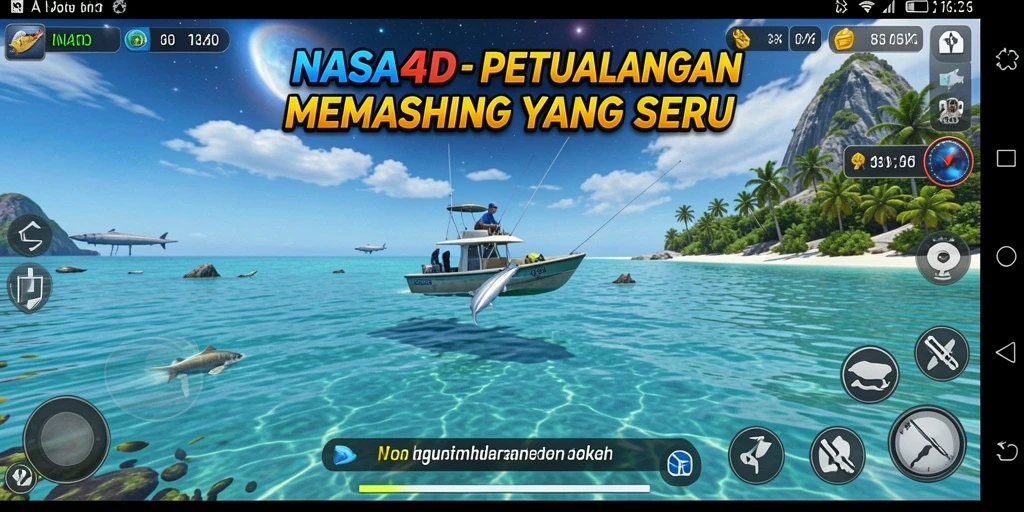 Tampilan gameplay menarik dengan berbagai jenis ikan dan lokasi memancing.