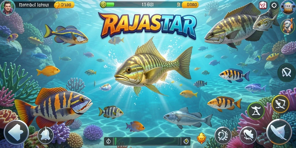 Gameplay seru dalam RAJASTAR saat menembak ikan di bawah laut.