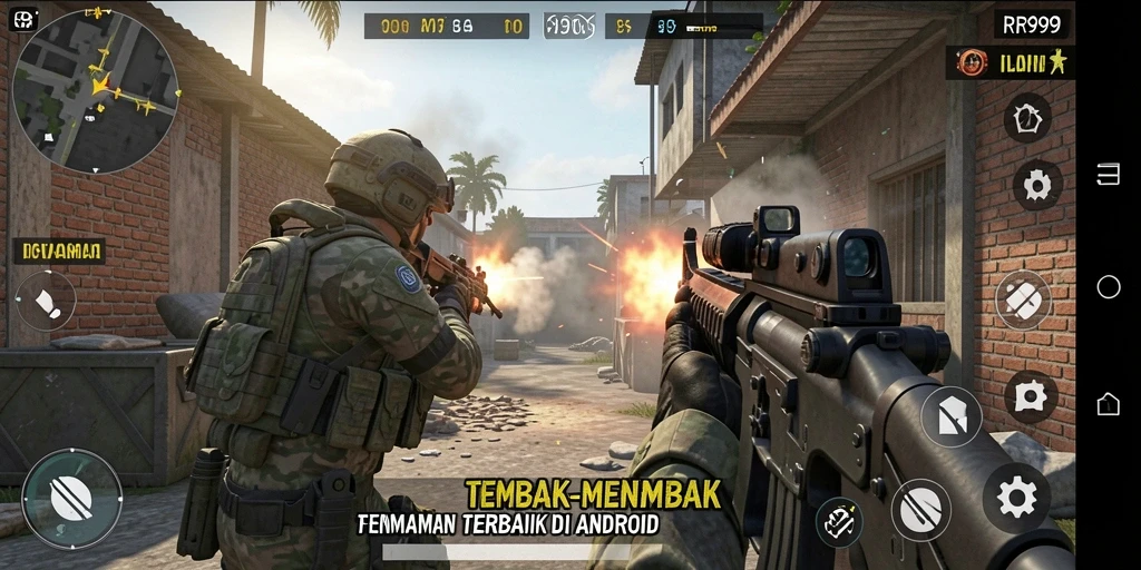 Screenshot gameplay RR999 menampilkan pertempuran yang intens di arena FPS.